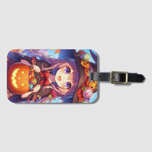 かわいいアニメハロウィーンの魔女 ラゲッジタグ (正面横)
