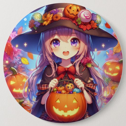 かわいいアニメハロウィーンの魔女 缶バッジ (正面)