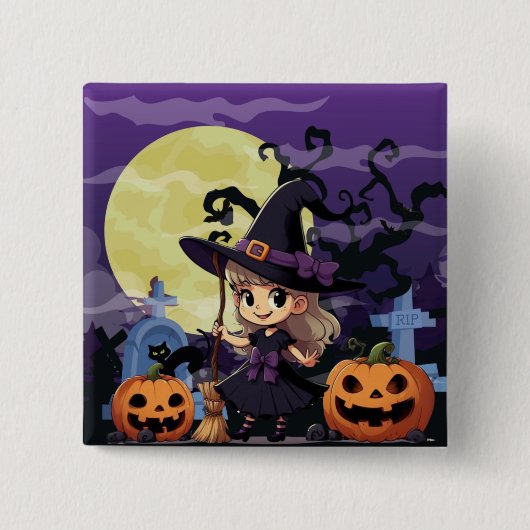 かわいいアニメハロウィーンの魔女 缶バッジ (正面)