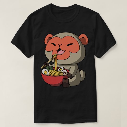 かわいいアニメマカクモンキーアジア日本の麺 Tシャツ (デザイン正面)