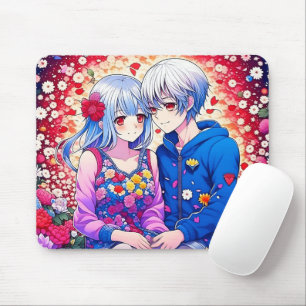 かわいいアニメ夫婦、花とハート マウスパッド