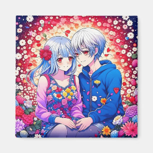 かわいいアニメ夫婦、花とハート マグネット