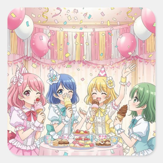 かわいいアニメ女子のアイスクリーム誕生日パーティー スクエアシール (正面)