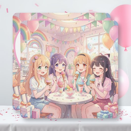 かわいいアニメ女子のアイスクリーム誕生日パーティー 招待状