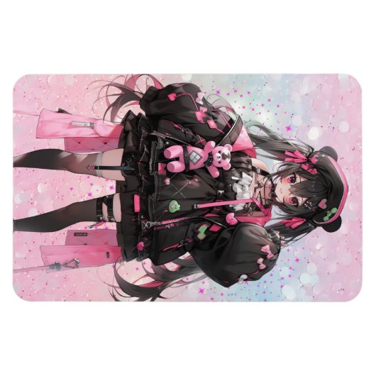 かわいいアニメ女子のピンクと黒のドレス マグネット (横)