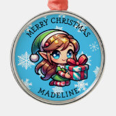 かわいいアニメ女子エルフのクリスマスパーソナルギフト メタルオーナメント (正面)