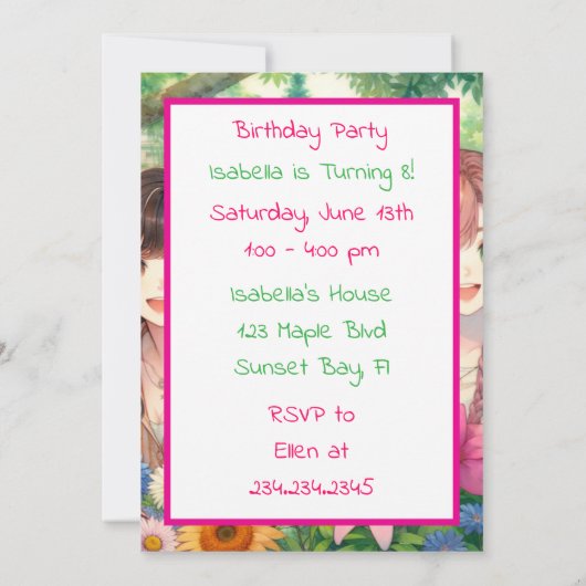 かわいいアニメ女子バースデーパーティー 招待状 (裏面)