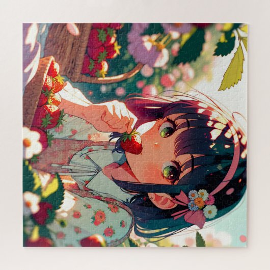 かわいいアニメ女子食べ物女子イチゴ |夏の日 ジグソーパズル (横)