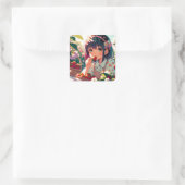 かわいいアニメ女子食べ物女子イチゴ |夏の日 スクエアシール (バッグ)