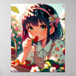 かわいいアニメ女子食べ物女子イチゴ 夏の日 ポスター