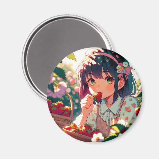 かわいいアニメ女子食べ物女子イチゴ |夏の日 マグネット (正面/裏面)