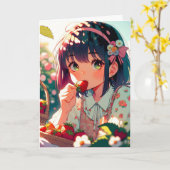 かわいいアニメ女子食べ物誕生日 カード (黄色い花)