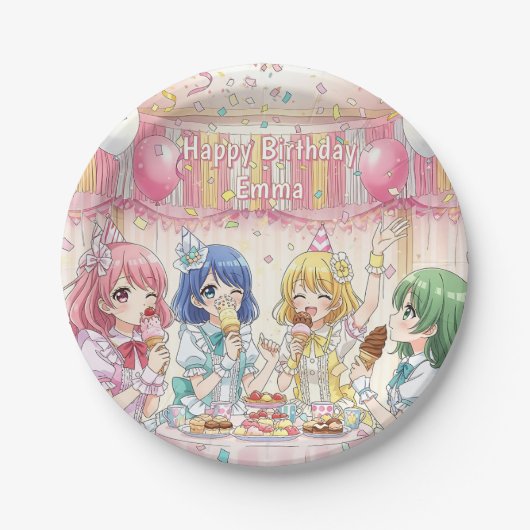 かわいいアニメ娘のアイスの誕生日パーティー ペーパープレート (正面)
