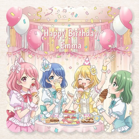 かわいいアニメ娘のアイスクリーム誕生日パーティー ペーパーコースター (正面)