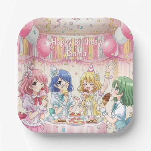 かわいいアニメ娘のアイスクリーム誕生日パーティー ペーパープレート (正面)