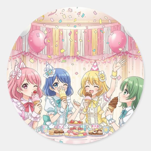 かわいいアニメ娘のアイスクリーム誕生日パーティー ラウンドシール (正面)
