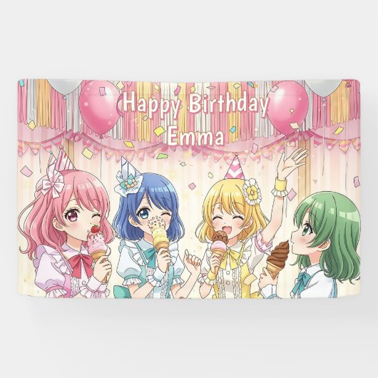 かわいいアニメ娘のアイスクリーム誕生日パーティー 横断幕 (横)