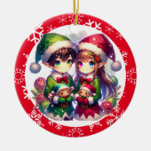 かわいいアニメ小妖精や小人とスノーフレーク・クリスマス セラミックオーナメント (正面)