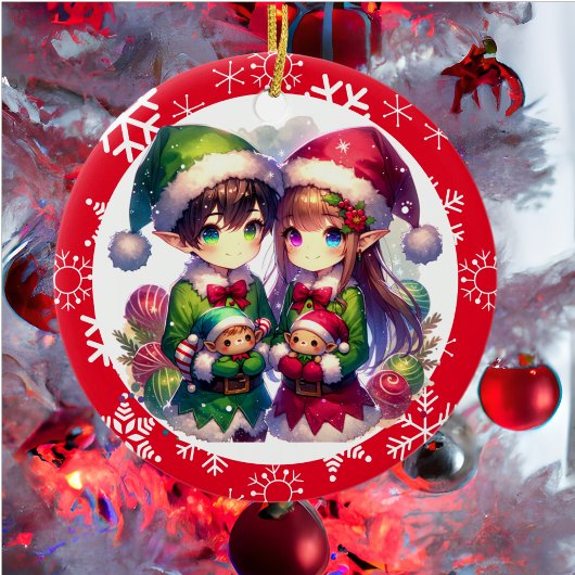 かわいいアニメ小妖精や小人とスノーフレーク・クリスマス セラミックオーナメント