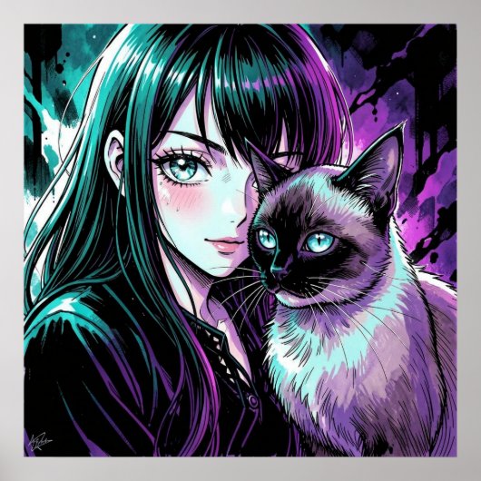 かわいいアニメ少女とシャム猫 ポスター (正面)