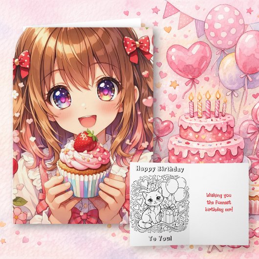 かわいいアニメ少女の誕生日とぬりえページ カード