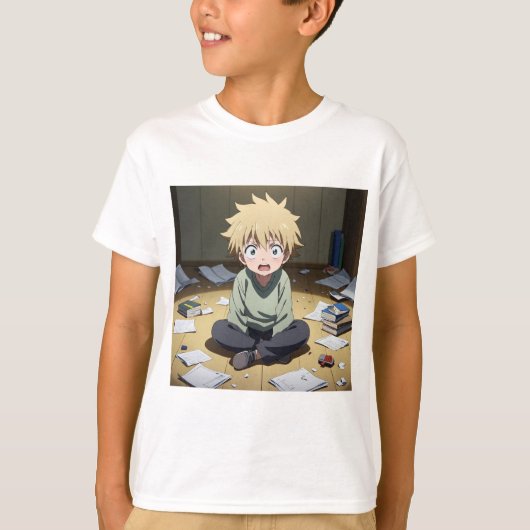 かわいいアニメ少年が散らかった部屋で驚く - 感情表現 Tシャツ (正面)