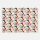 かわいいアニメ少年と少女赤いハート ラッピングペーパーシート (正面2)