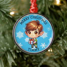 かわいいアニメ少年エルフのクリスマスパーソナライズ メタルオーナメント