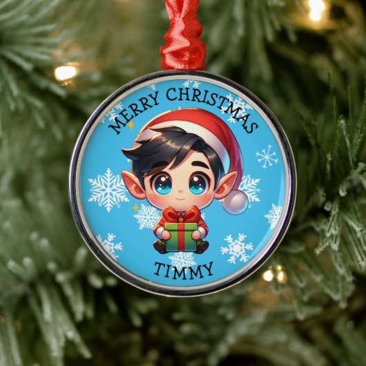かわいいアニメ少年エルフのクリスマスパーソナライズ メタルオーナメント (ツリー)