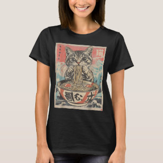かわいいアニメ漫画のラーメンを食べる猫 日本 Tシャツ