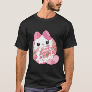 かわいいアニメ猫いちご牛乳を飲日本のむ Tシャツ