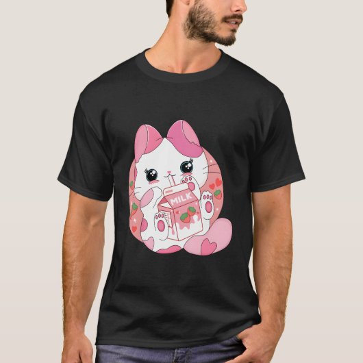 かわいいアニメ猫いちご牛乳を飲日本のむ Tシャツ (正面)