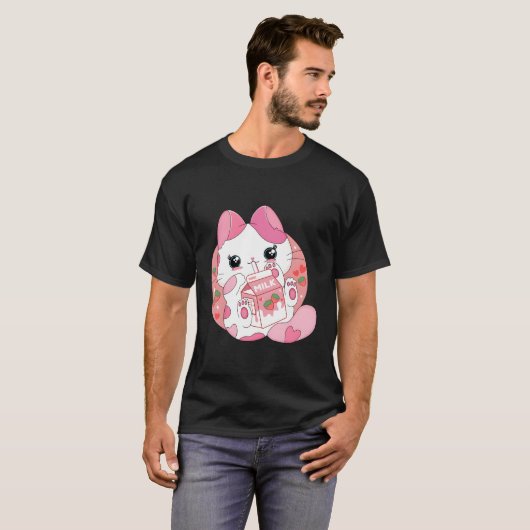 かわいいアニメ猫いちご牛乳を飲日本のむ Tシャツ (正面フル)
