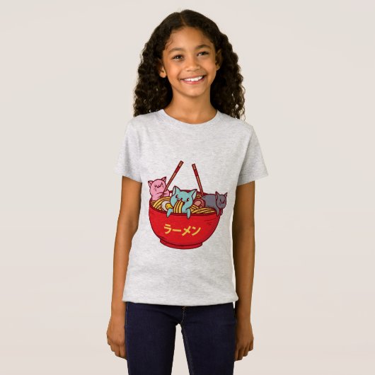 かわいいアニメ猫かわらおもしろいしいラ日本のーメン Tシャツ (正面フル)