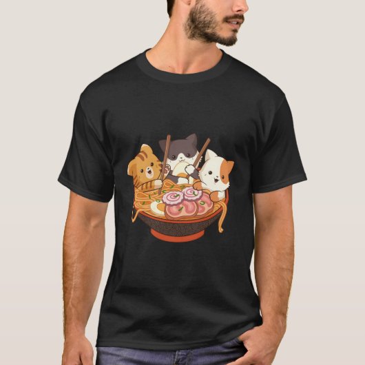 かわいいアニメ猫オタク日本のラ麺 Tシャツ (正面)