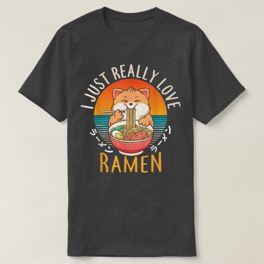 かわいいアニメ猫ギフト女の子がラーメン大好日本のき Tシャツ (デザイン正面)