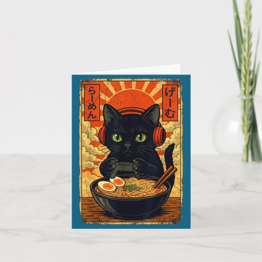 かわいいアニメ猫ゲーマー男性面白いゲーミングヘッドセットCa カード (正面)