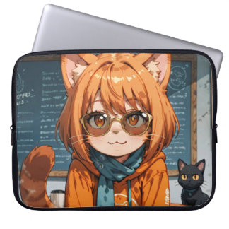 かわいいアニメ猫娘ノートパソコン用スリーブ | おしゃれカフェ ラップトップスリーブ