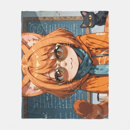 かわいいアニメ猫娘 フリースブランケット (正面)