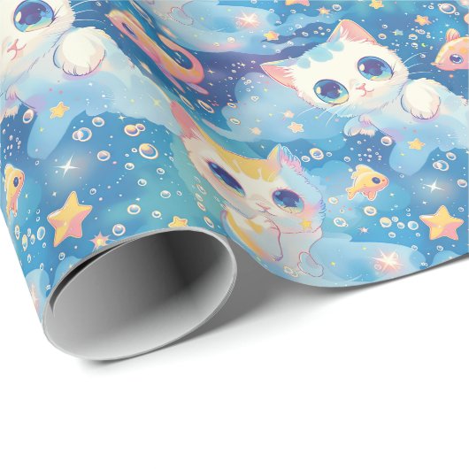 かわいいアニメ猫魚スターズ柄 ラッピングペーパー (ロールコーナー)