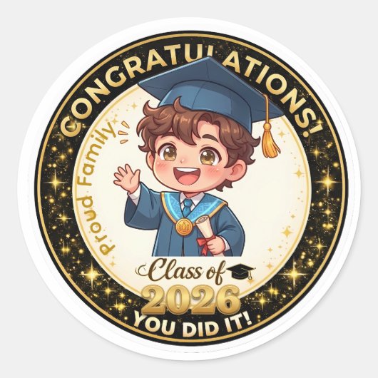 かわいいアニメ男子 卒業おめでとう Class of 2026 ゴールド ラウンドシール (正面)