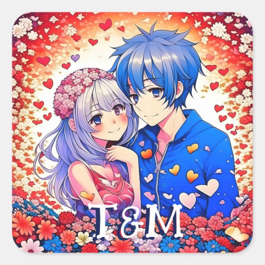 かわいいアニメ結婚テーマ スクエアシール (正面)