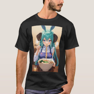かわいいアニメ象ガール食べズラーメン Tシャツ