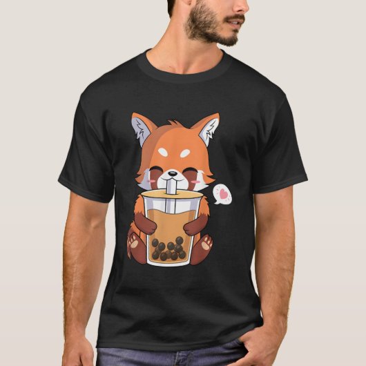 かわいいアニメ赤パンダ飲みボバブルティー Tシャツ (正面)