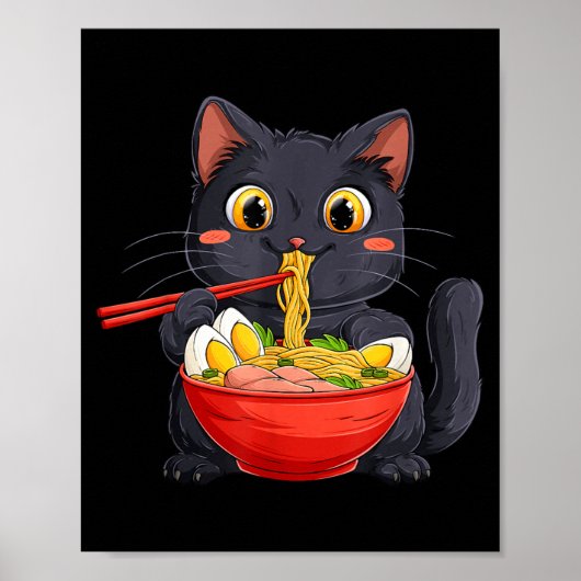 かわいいアニメ風のラーメンを食べる黒猫 ポスター (正面)