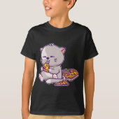 かわいいアニメ食べネコのピザかわいい子猫ねこ Tシャツ (正面)