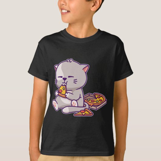 かわいいアニメ食べネコのピザかわいい子猫ねこ Tシャツ (正面)