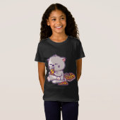 かわいいアニメ食べネコのピザかわいい子猫ねこ Tシャツ (正面フル)