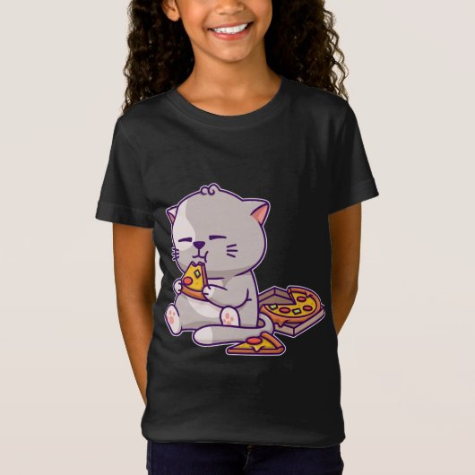 かわいいアニメ食べネコのピザかわいい子猫ねこ Tシャツ (正面)