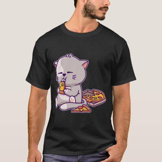 かわいいアニメ食べネコのピザかわいい子猫ねこ Tシャツ (正面)